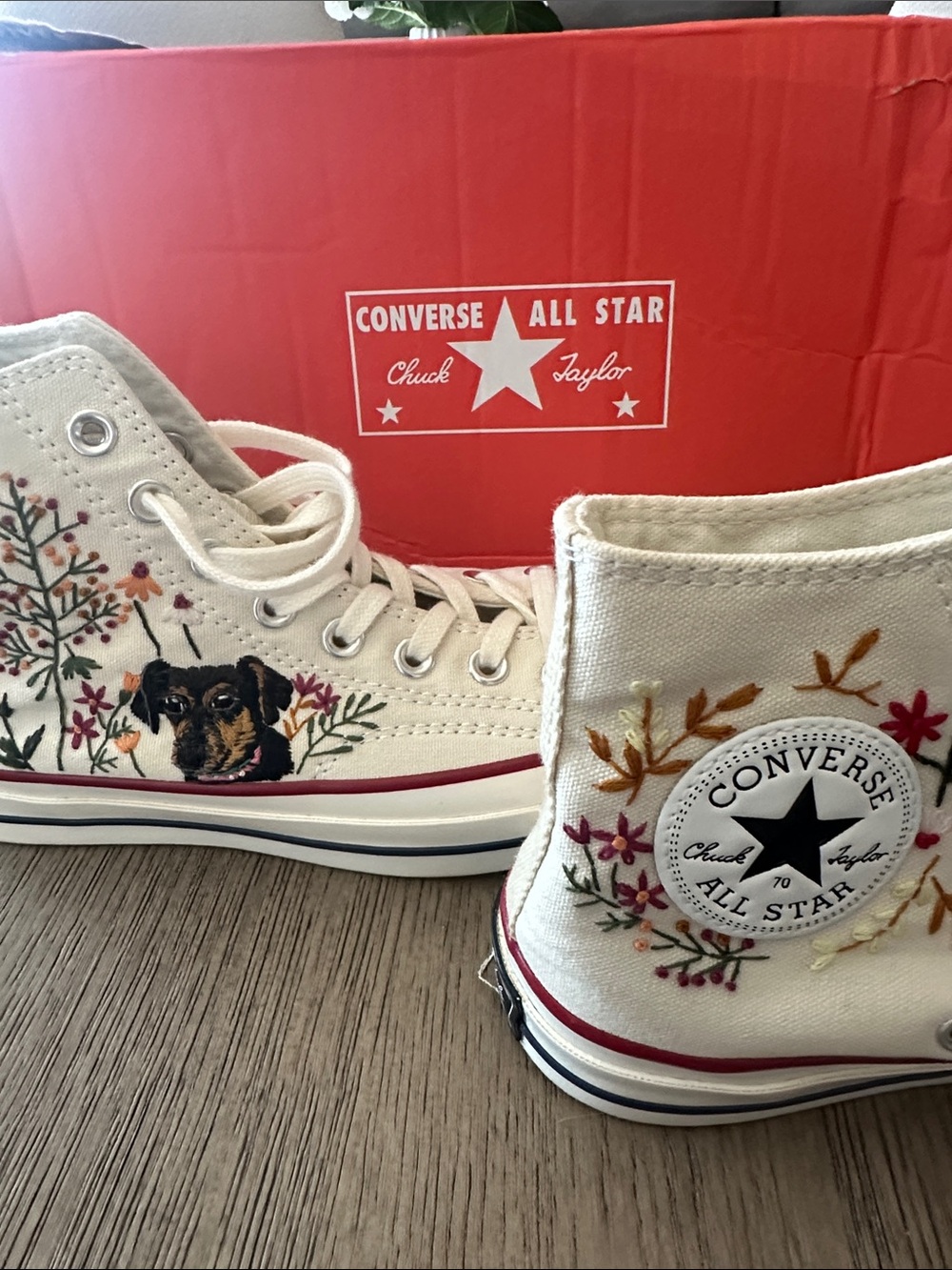Converse High Top Sneakers Cream with Floral Embroidery & a dog (dachshund) - Picture 5 of 6